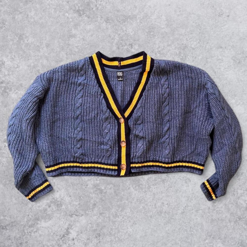 BDG Blue Cable Knit Cropped Cardigan Yellow Black Trim Preppy Collegiate - L